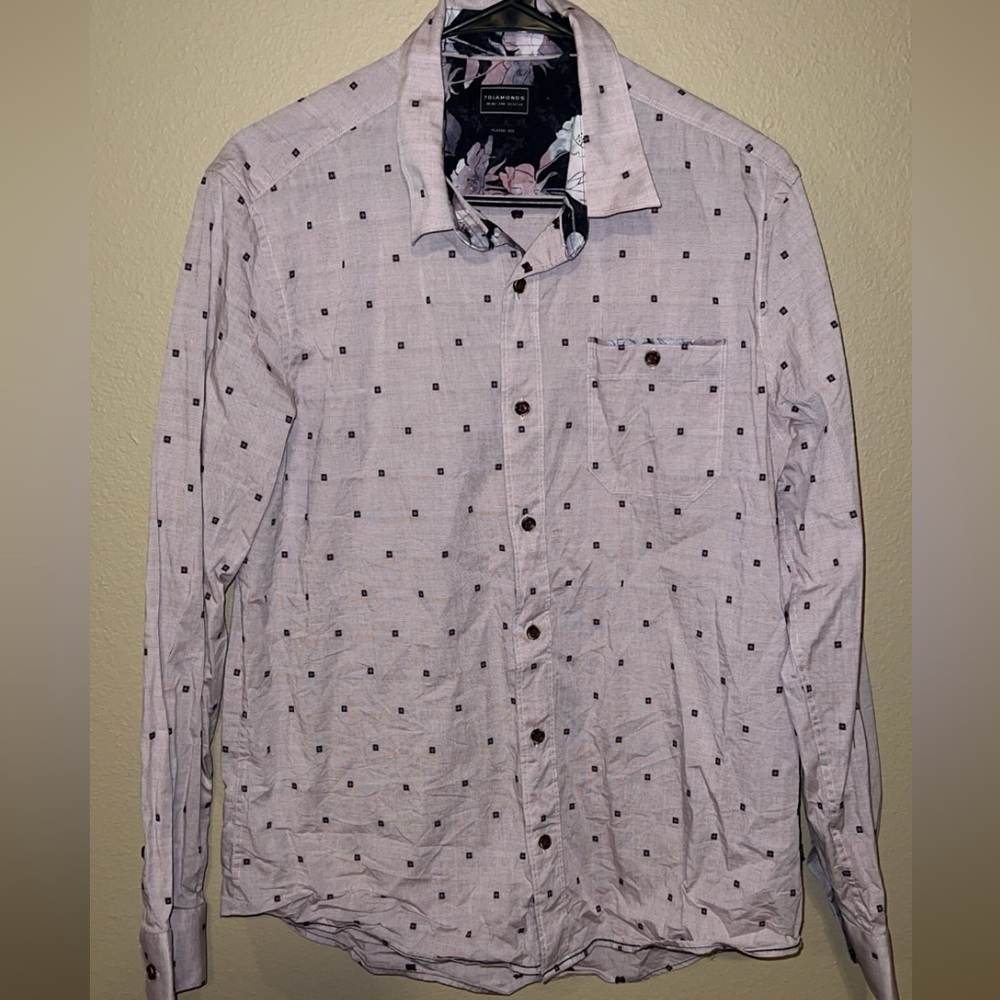 Men's Beige Button-Up Shirt with Square Pattern